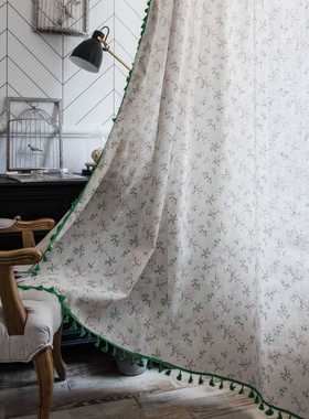 绿色流苏窗帘成品小碎花印花小窗厨房帘半遮光飘窗