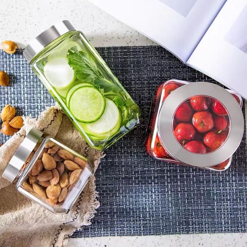 现货方形圆形不锈钢盖透视密封储物罐玻璃瓶干果杂粮透明