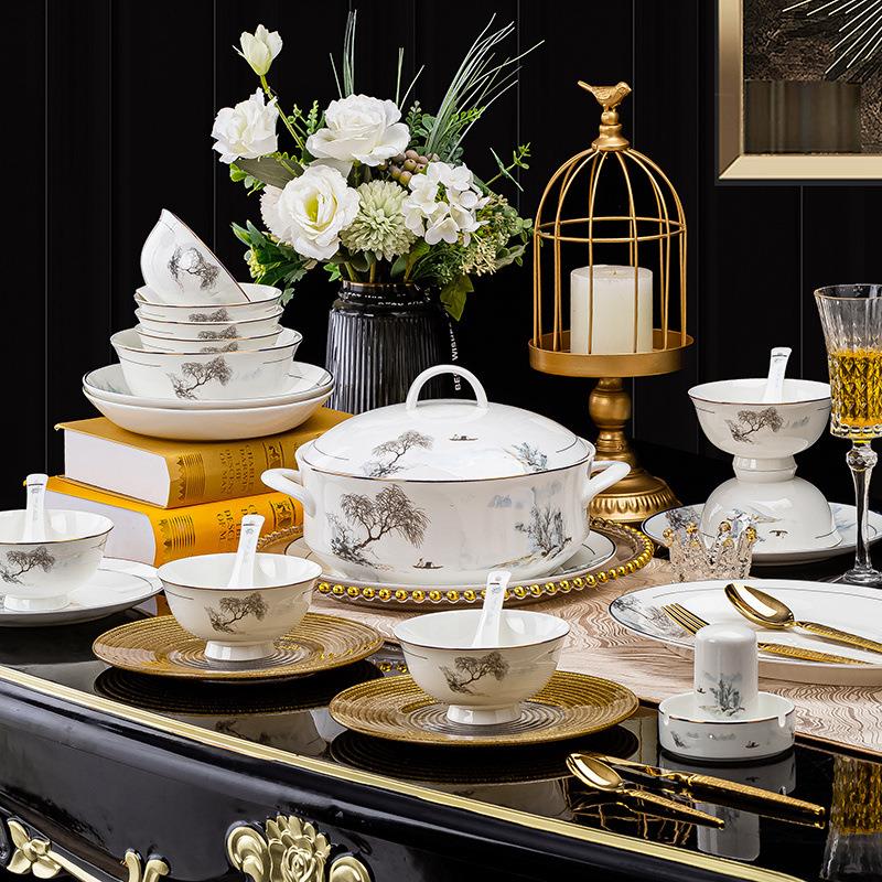 景德镇陶瓷餐具碗盘碟子公司开业礼品中式骨瓷高颜值碗筷套装定制