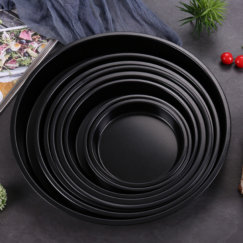 直销6-14寸不粘披萨盘黑色碳钢比萨模具 烘焙piz盘烘焙模具