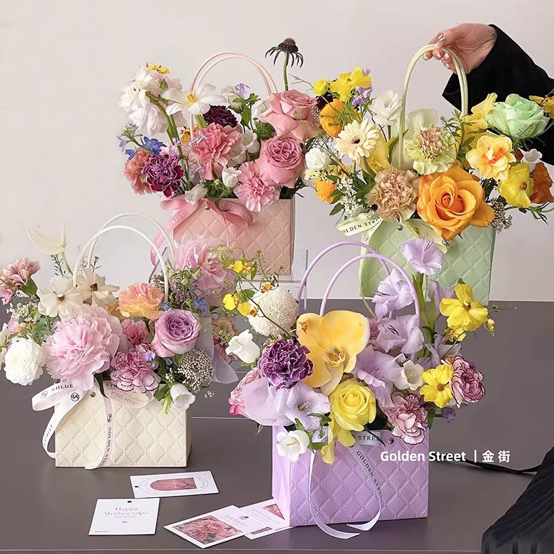 昌易 马卡龙色格纹手提袋花束鲜花手拎花盒包装材料diy520母亲节定制