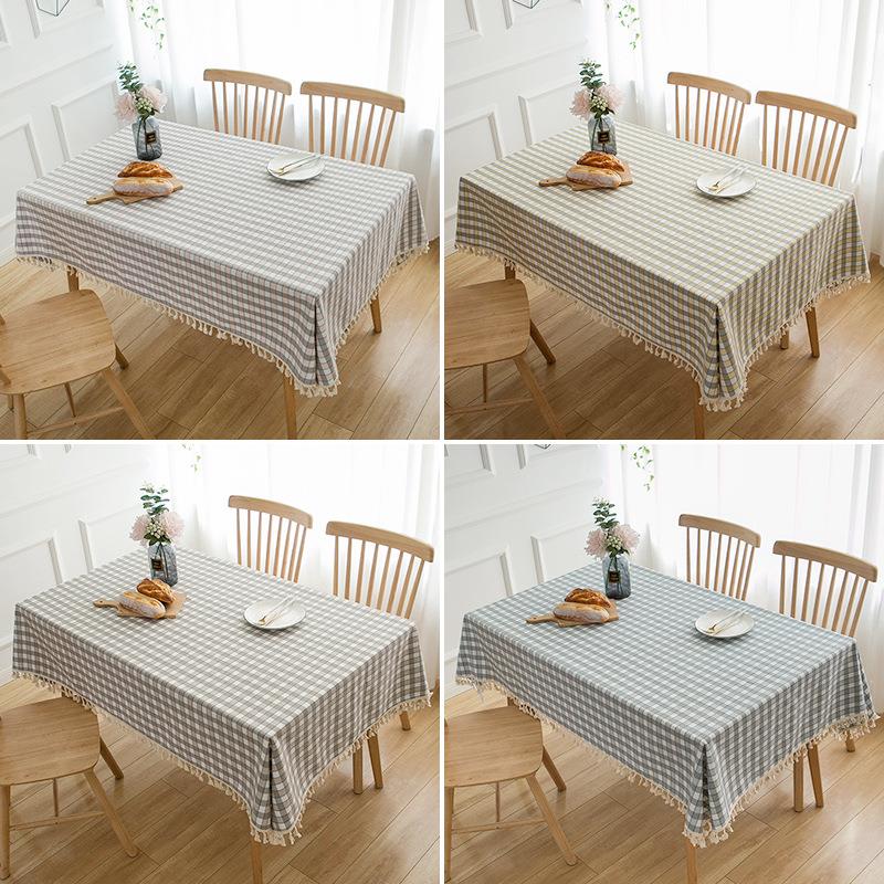 北欧ins风格子流苏桌布家用棉麻布艺长方形台布茶几布野餐垫定制