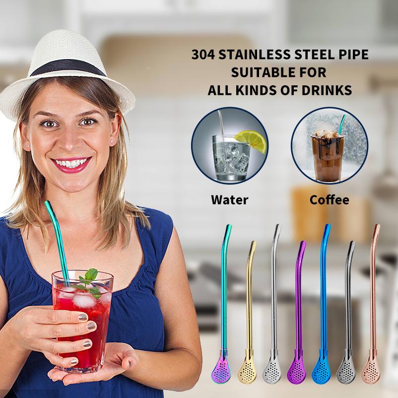 不锈钢吸管勺 创意马黛茶勺果汁饮料吸管勺咖啡奶茶搅拌勺定制