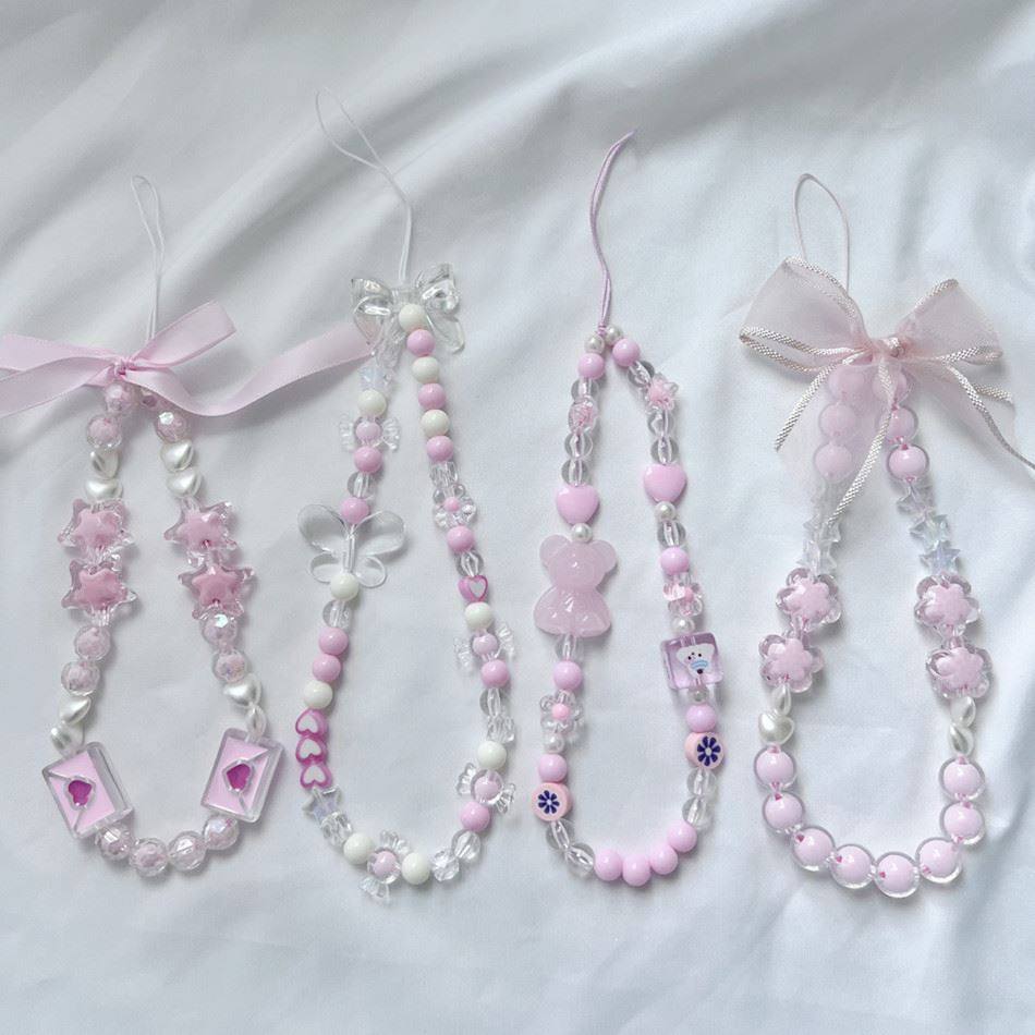 甜美网纱蝴蝶结云珠链短款手机挂绳创意树脂花珠链手机壳包包配件