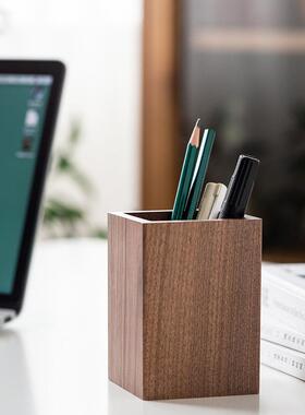 木质笔筒定 制刻字北黑胡桃创意桌面办公文具收纳盒简约实木笔筒定制