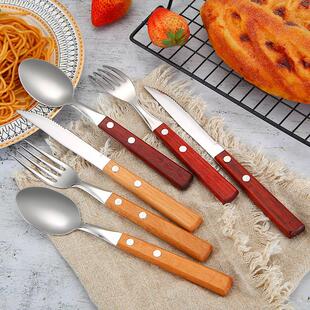 不锈钢红木柄牛排刀叉水果叉子甜品西餐刀叉勺套装 制定LOG定制