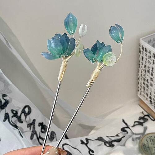 中国风发簪女荷塘月色琉璃发钗简约盘发头簪旗袍汉服配饰发捆发饰