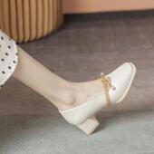 女法式 单鞋 方头高跟鞋 V口粗跟大码 定制 仙女风小皮鞋 复古玛丽珍鞋