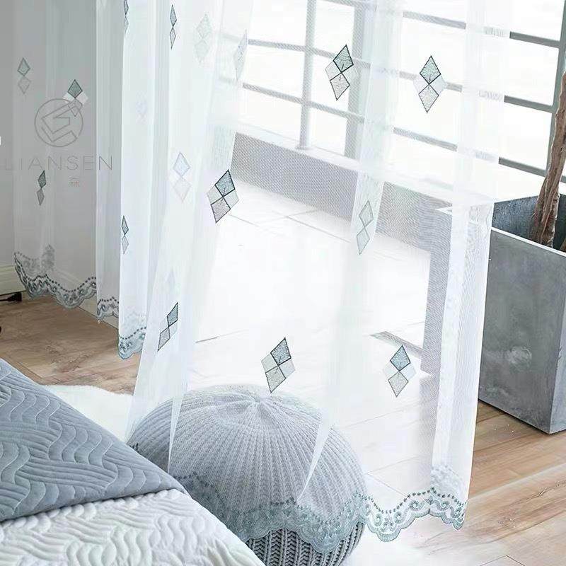 北欧窗帘 菱形绣花窗帘纱 刺绣窗纱 白纱半遮光帘卧室成品隔断纱