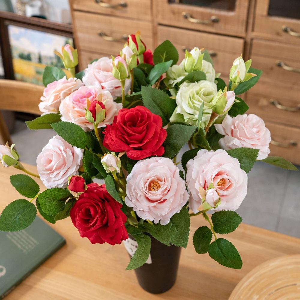 跨境奶油玫瑰仿真花厂家假花绿植物婚庆装饰工艺品MW51011定制