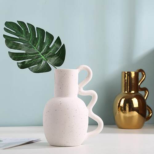 现代简约陶瓷花瓶摆件干花插花器创意艺术客厅样板间带耳摆件装饰