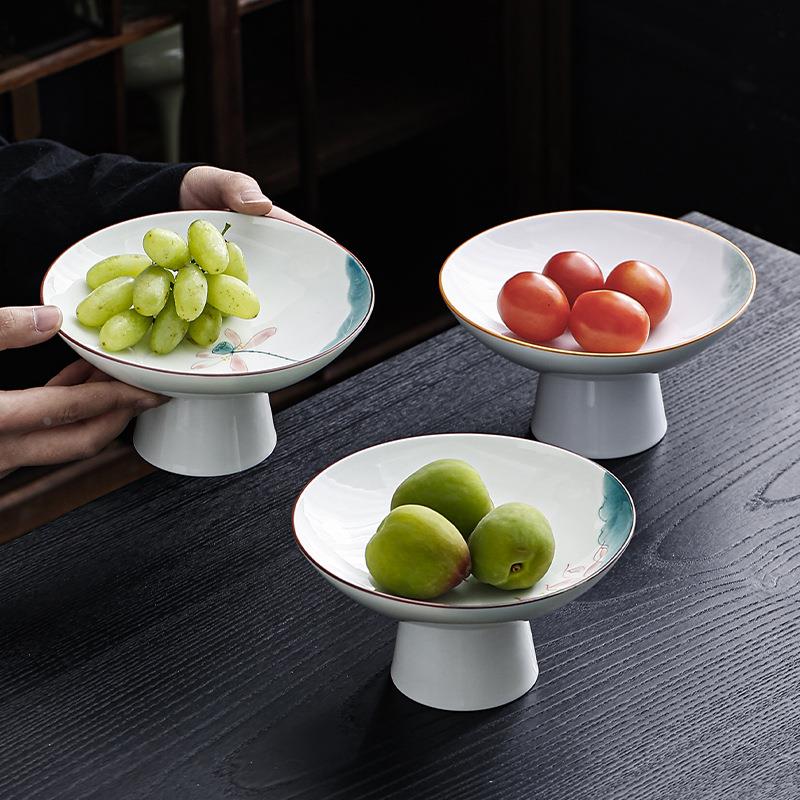德化陶瓷手绘高脚果盘家用茶台茶点盘干果坚果盘点心糕点托盘茶道