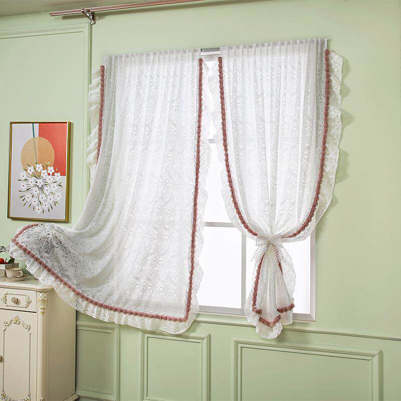 新款兔毛球飘窗帘氛围感蕾丝纱帘小清新隔断装饰门帘家用卧室遮挡