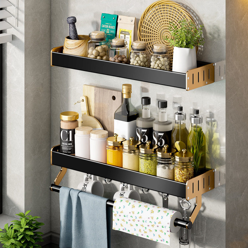 厨房置物架调料调味品墙上壁挂免打孔挂墙轻奢黑金太空铝用品收纳