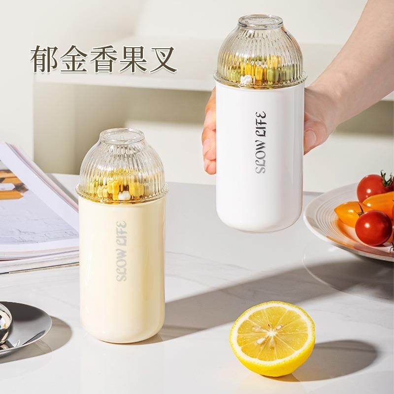 新款一次性果叉卡通多功能水果叉自带收纳罐果叉甜品蛋糕西瓜叉子