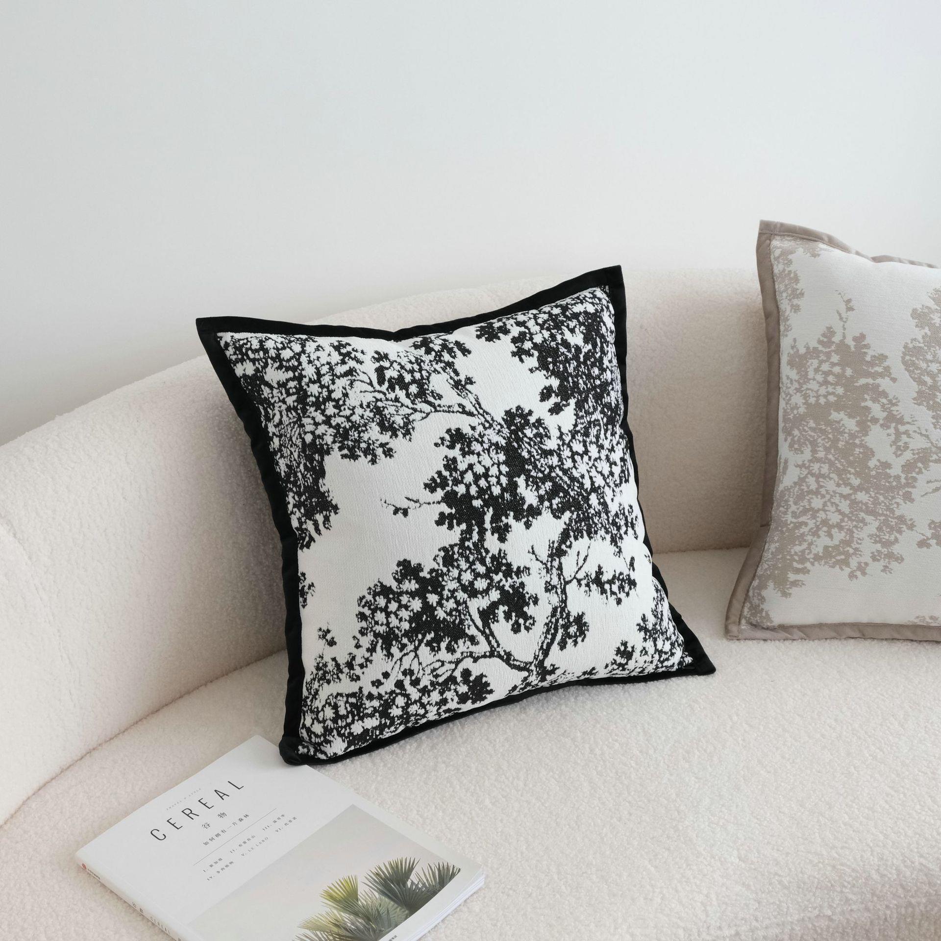 法式雪尼尔绣花抱枕杨树林黑边靠枕客厅沙发靠垫腰枕复古设计师款