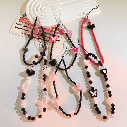 炫酷ins粉黑爱心珠珠链蝴蝶结手机挂绳包包吊坠饰品diy手机挂绳女