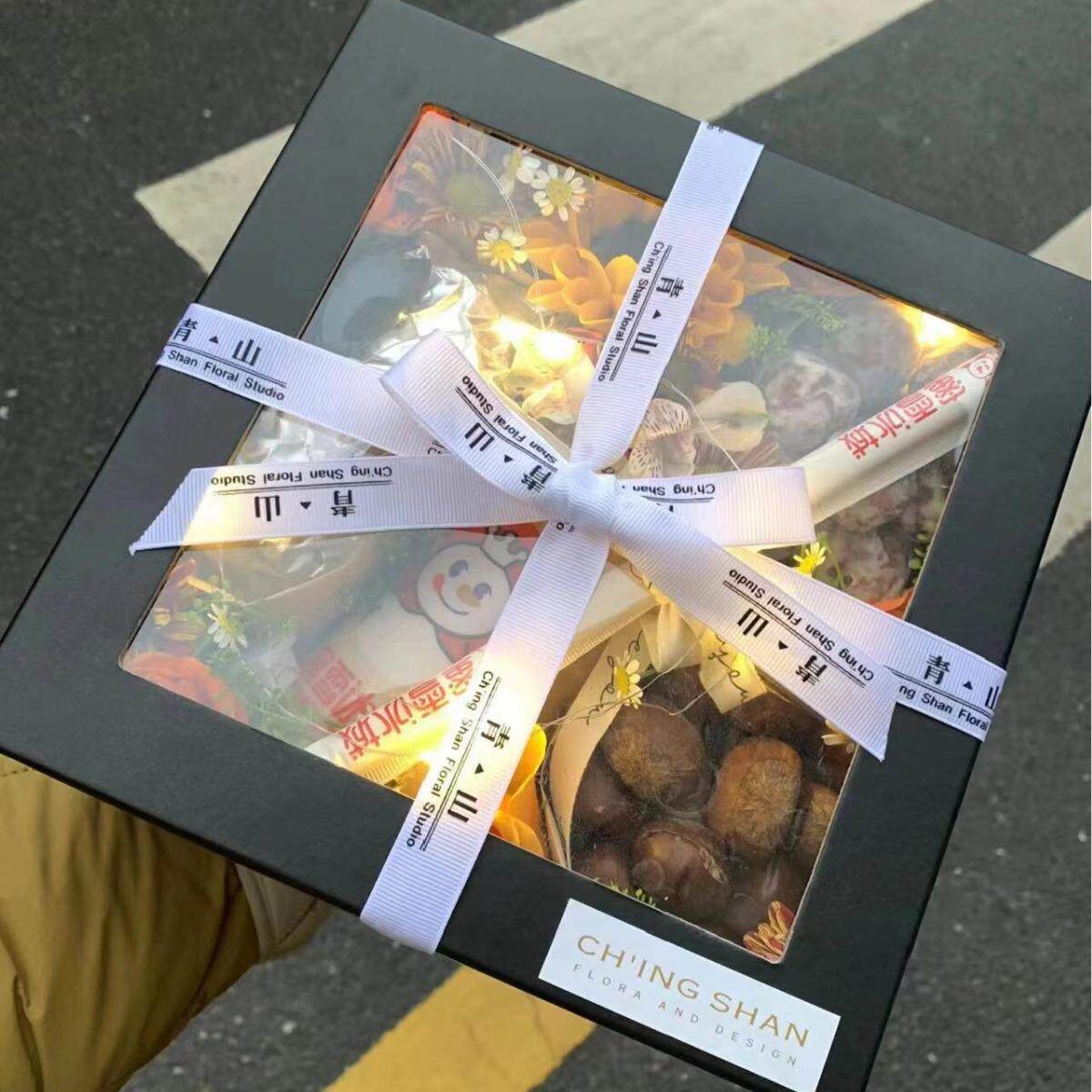 圣诞节礼盒正方形礼盒套二透明礼盒开窗哑金线套二方行花盒透明盒定制