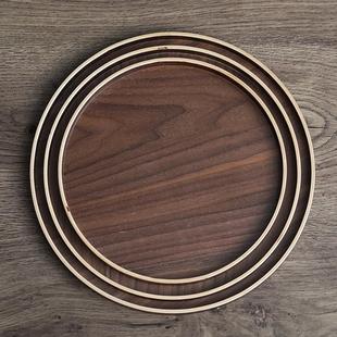 日式黑胡桃色圆形托盘木盘子简约木质水果干果盘茶盘酒店用品定制