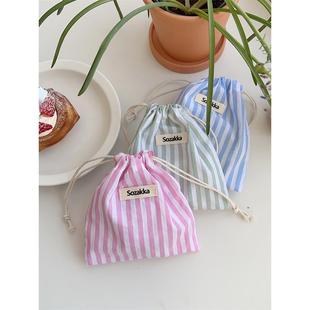 43222 清新竖条束口袋抽绳收纳袋化妆包杂物口红袋旅行分装袋布袋