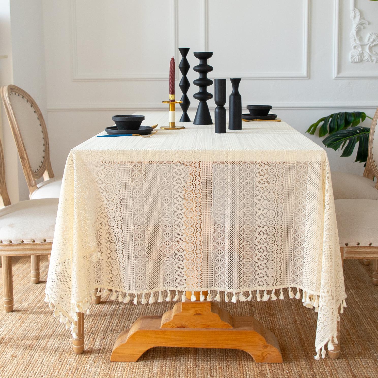 网红复古奶茶色蕾丝镂空简约时尚台布背景长方形餐桌布定制