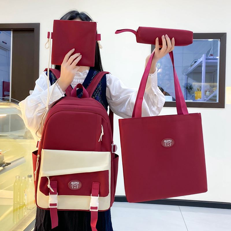 外贸大容量休闲双肩包高颜值帆布背包拼色小学生四件套书包补课袋