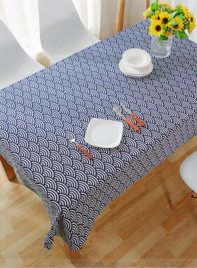 日式图腾海浪深蓝几何图案棉麻餐桌布 蓝色台布垫布盖布