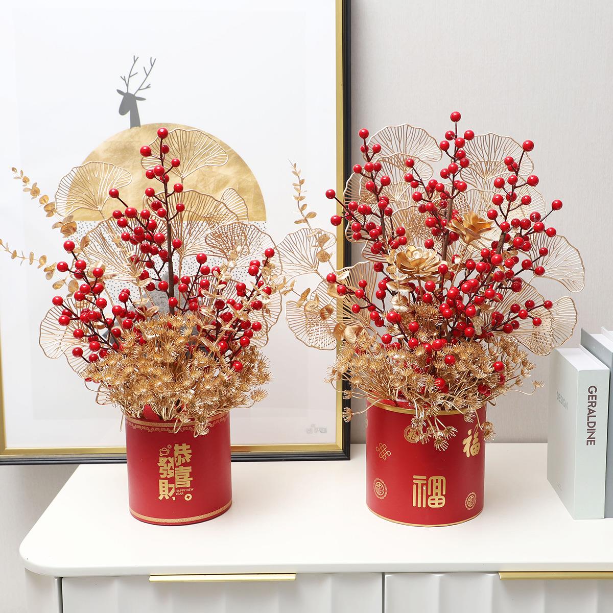 高端仿真发财红果新年节庆福桶家居装饰道具摆件花套装年宵花定制