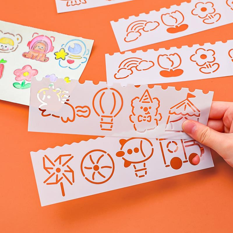 杭素原创卡通手绘尺学生diy手抄报镂空模板绘画多功能花边尺4把入定制