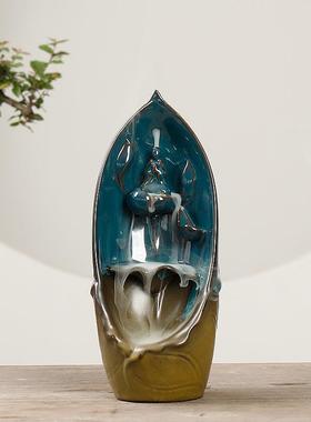 跨境 德化陶瓷倒流香炉 简约荷叶无相观赏烟倒流香薰炉陶瓷摆件定