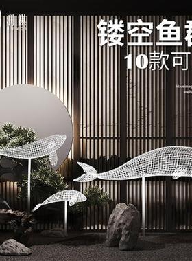 户外不锈钢镂空鱼雕塑庭院小区水池景观装饰造型海豚鲸鱼摆件定制
