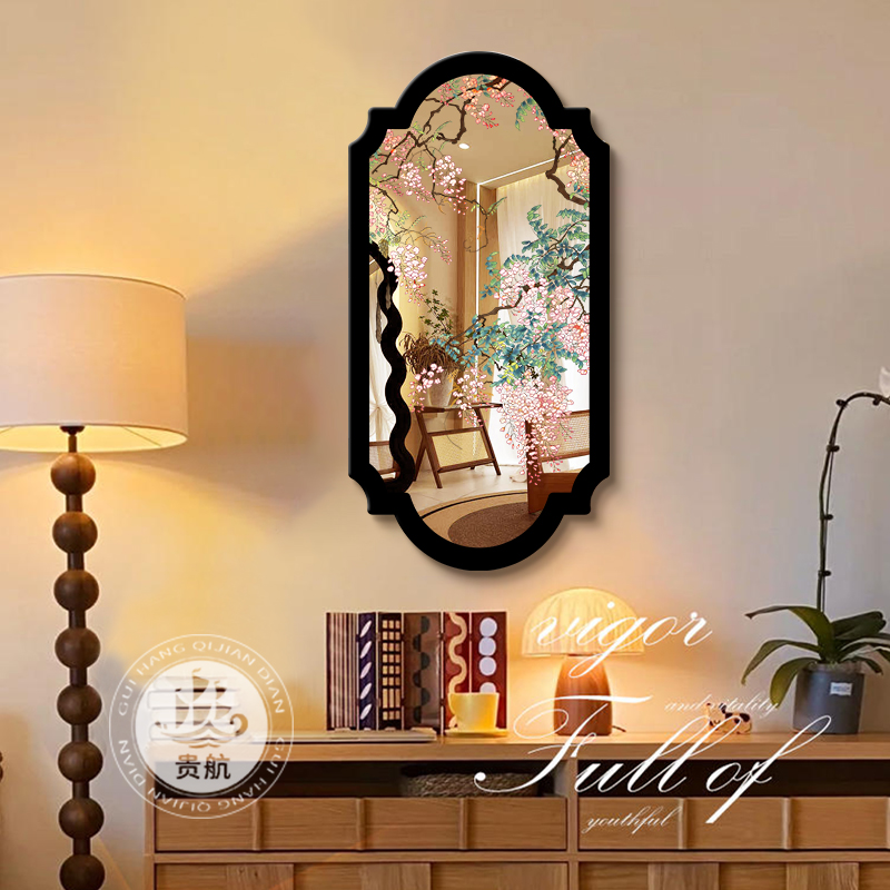 法式复古镜子装饰画中古花卉沙发背景墙挂画高级艺术玄关镜面壁画