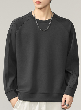 美式灰色太空棉拼接卫衣男无帽圆领空气层宽松打底衫秋季长袖上衣