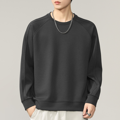 美式灰色太空棉拼接卫衣男无帽圆领空气层宽松打底衫秋季长袖上衣