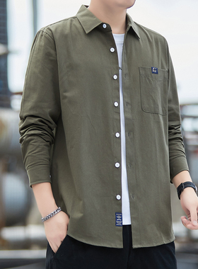 军绿色工装衬衫男士春秋款长袖美式复古潮流纯棉秋季薄款外套衬衣