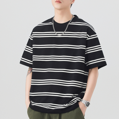 黑色白条纹T恤男生夏季短袖美式高街潮牌复古海魂衫宽松半袖体恤