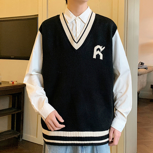 男士V领针织毛衣马甲背心日系学院风青少年学生宽松无袖毛线马夹