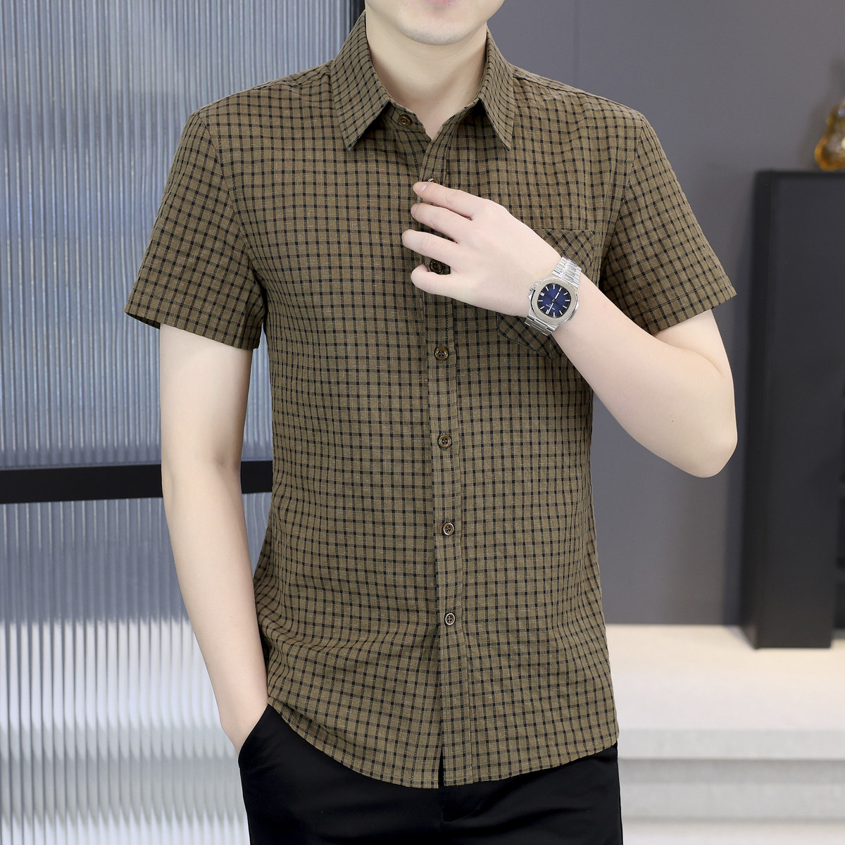 夏季男士短袖格子衬衫韩式修身显瘦时尚个性痞帅休闲青少年衬衣寸
