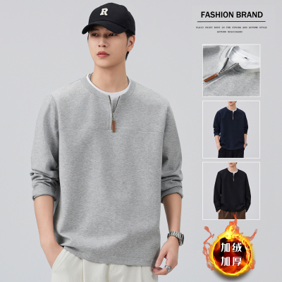 加绒半拉链假两件卫衣男士无帽外套秋冬款宽松极简风美式潮牌上衣