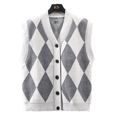 菱形格子开衫毛衣马甲背心外套