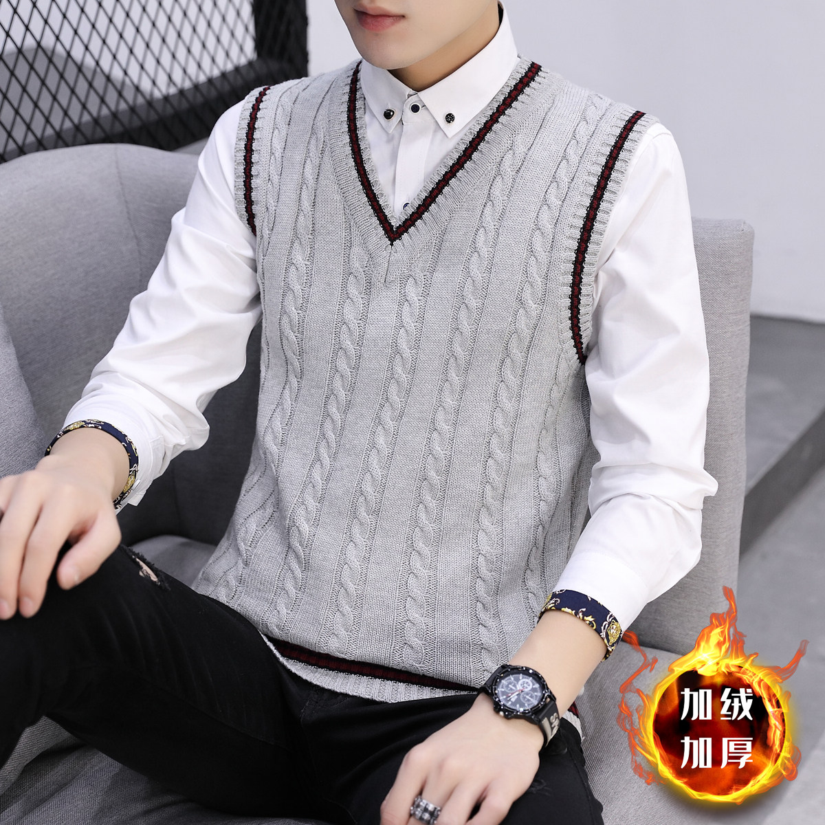 秋冬纯棉毛衣背心男韩版修身无袖针织衫加绒加厚潮流套头毛线马甲,男装,针织衫/毛衣,淘宝优惠券,粉丝福利购,淘宝优惠卷