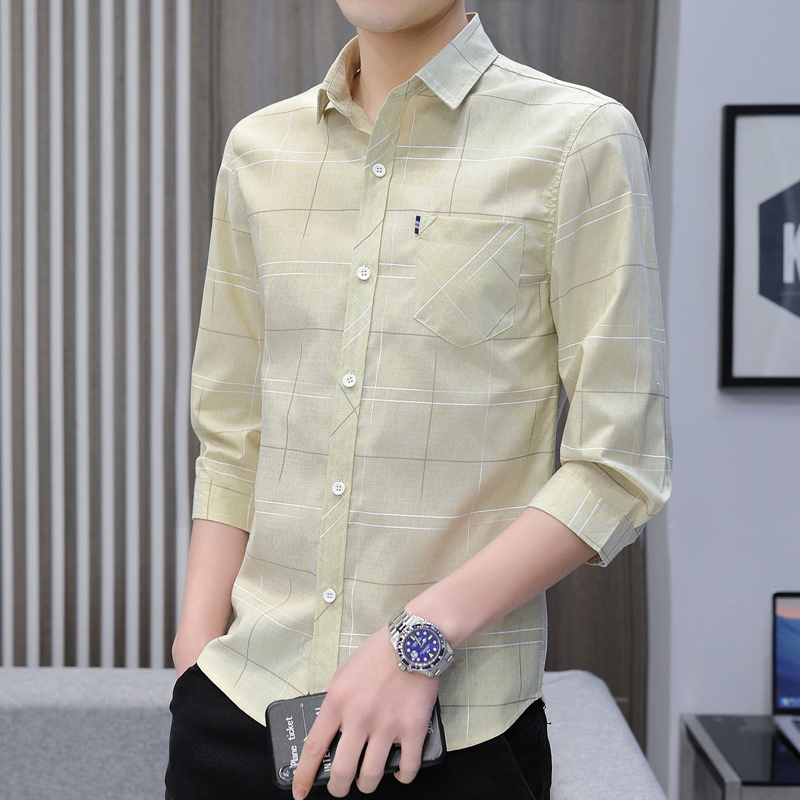 2024春季新款男士中袖衬衫韩版格子带口袋五七分袖衬衣半袖寸衫潮