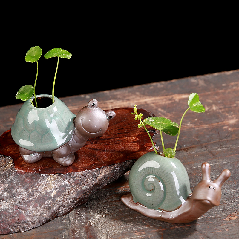 陶瓷哥窑乌龟蜗牛茶盘造景花盆