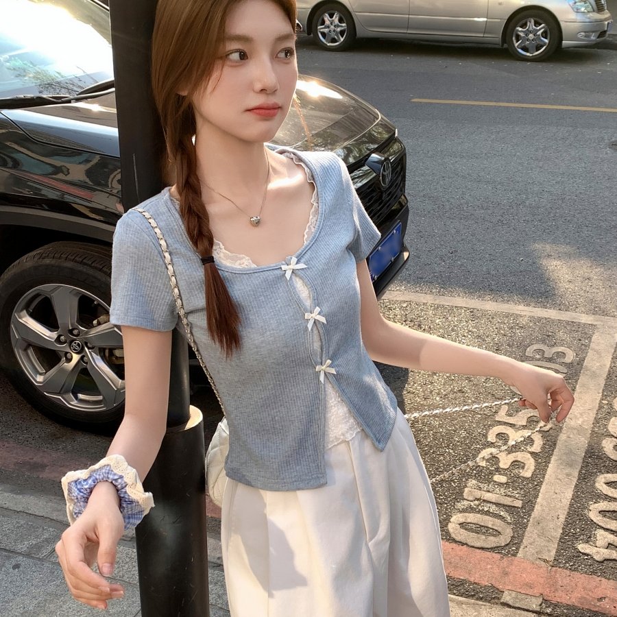 蕾丝拼接假两件短袖t恤女夏季2025新款设计感短款小个子正肩上衣