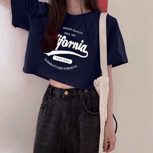 纯棉印花高腰正肩短袖 上衣设计感小众 t恤女夏季 露脐宽松短款