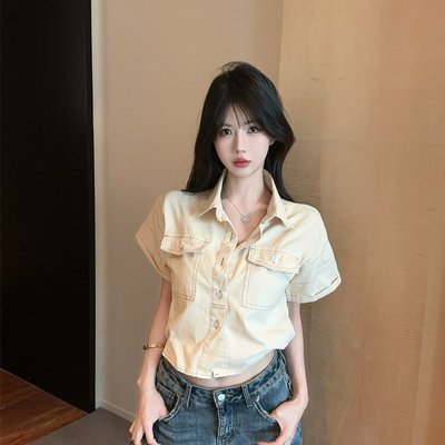 实拍实价 法式设计绝美别致上衣女夏装气质轻熟风翻领短袖白衬衫
