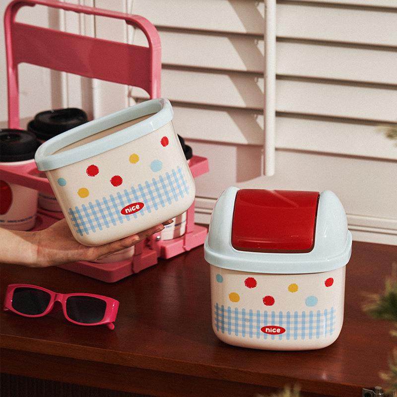 桌面垃圾桶家用客厅翻盖垃圾收纳桶塑料迷你办公室收纳波点纸篓