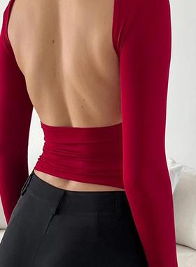 TiulZial Backless Top Y2K Women Long Sleeve Crop T-shirt 202