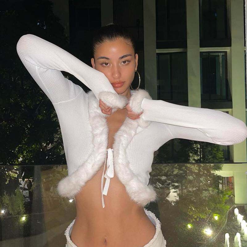 BKFSHOP 性感毛毛系带坑条开衫短款V领