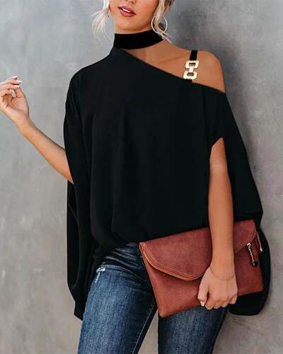 Chain Strap Cold Shoulder Cape Design Top斗篷蝙蝠袖宽松衬衫
